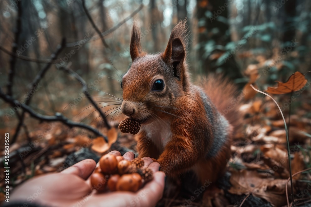 Fototapeta premium Squirrel in fall woodland eating from hands. Generative AI