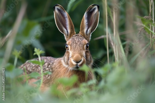 Lepus europaeus, a European Brown Hare, was hiding in some tall grass. Generative AI