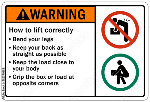 Lifting instruction sign and labels how to lift correctly. Bend your legs. Keep your back as straight as possible. Keep the load close to your body. Grip the box or load at opposite corners