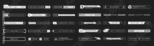 Cyberpunk decals set. Set of vector stickers and labels in futuristic style. Inscriptions and symbols for danger, attention, Caution, etc. Buttons for websites, mobile applications.