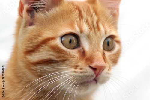 orange cat in closeup turning her head. isolated against a white backdrop. Generative AI