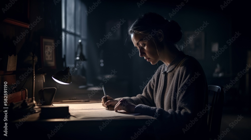 Young woman sits at her desk and writes a letter - dark moody scene - made with Generative AI tools Young woman sits at her desk and writes a letter - dark moody scene - made with Generative AI tools