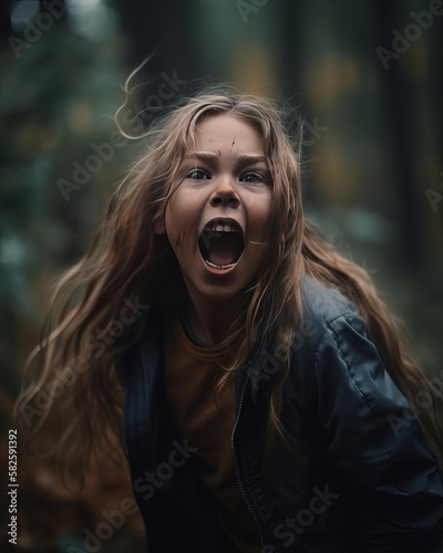 Frightened girl stands in the forest and screams - made with Generative AI tools