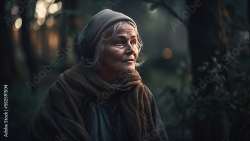 Very old woman alone in the forest - made with Generative AI tools