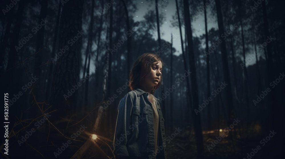 Young anxious girl alone in the forest - made with Generative AI tools Young anxious girl alone in the forest - made with Generative AI tools