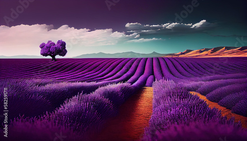 A field of vibrant purple lavender with blue sky in the background