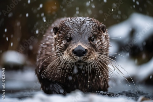 Lutra lutra, an immature Eurasian otter, is sliding across snow covered terrain. Generative AI