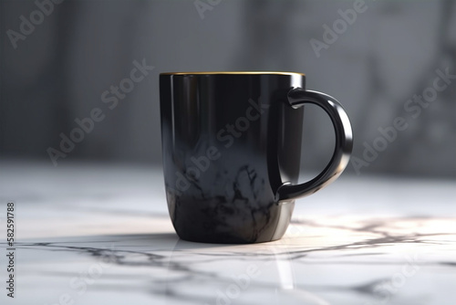 Black coffee mug on a grey marble countertop in a minimalist background 