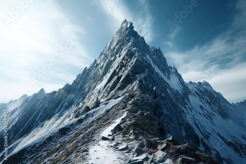 Snow-covered mountain peak with blue sky background made by generative ai