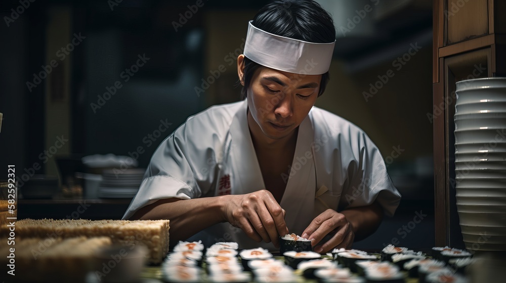 Asian cook prepares Sushi in a Japanese Restaurant - made with Generative AI tools