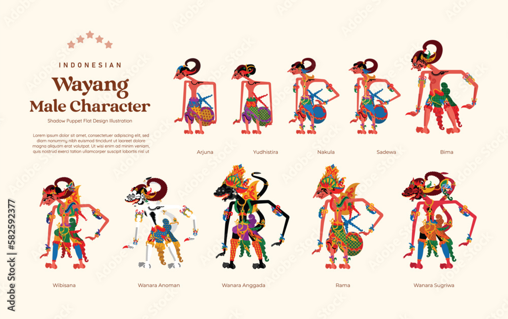 Isolated Set of Indonesian wayang male character flat design illustration