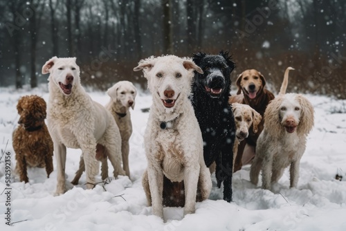 Valokuva White standard poodles and American pit bull terriers have fun in the snow
