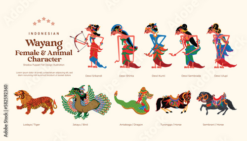 Isolated Set of Indonesian wayang female and animal character flat design illustration
