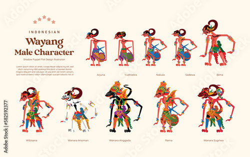 Isolated Set of Indonesian wayang male character flat design illustration photo