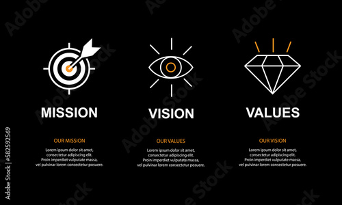 Mission, vision, values, graphic design template. eps 10 on black background
