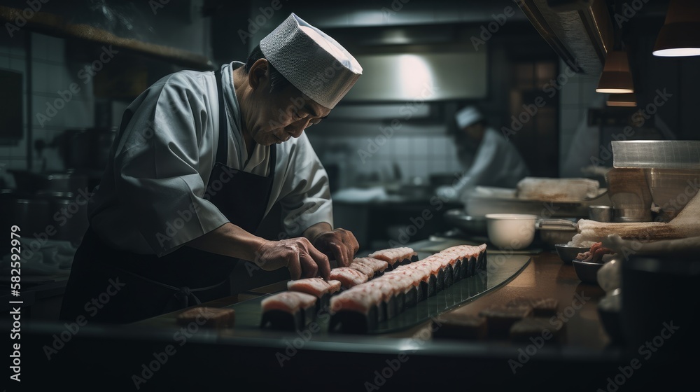 Asian cook preparing sushi in an Japanese restaurant - made with Generative AI tools Asian cook preparing sushi in an Japanese restaurant - made with Generative AI tools