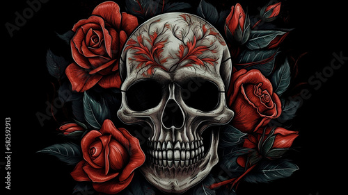 Fototapeta Naklejka Na Ścianę i Meble -  Red rose and skull illustration. Generative AI