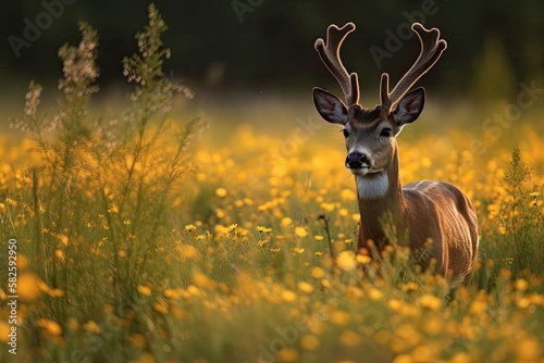 Buck capreolus capreolus in the summertime on a flower filled grassland. The Roebuck at dusk. Wild animal in its native habitat. adorable male deer in the woods. Generative AI photo