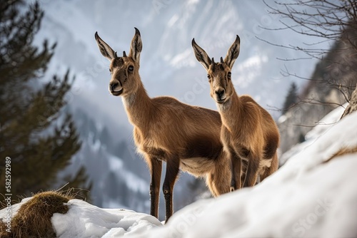 Wallpaper Mural in the snow, chamois hounds find grass. Snowy chamois walking. Generative AI Torontodigital.ca