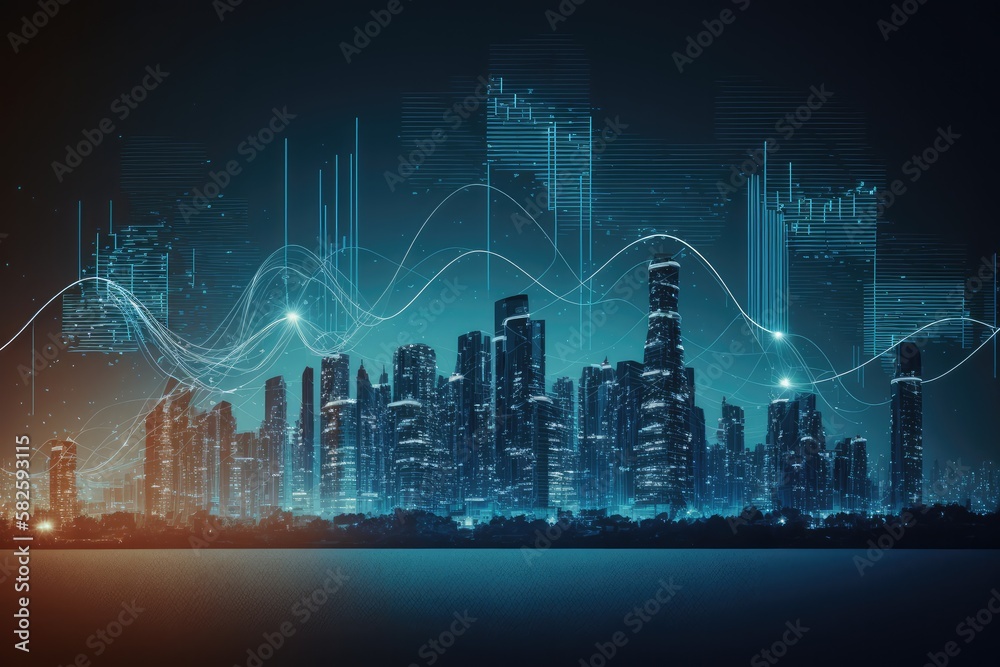 Smart city with big data connection technology concept. Wavy lines representing communications. Nighttime. Generative AI