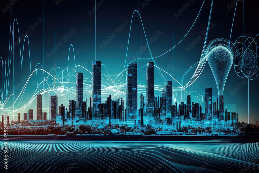 Smart city with big data connection technology concept. Wavy lines representing communications. Nighttime. Generative AI Smart city with big data connection technology concept. Wavy lines representing communications. Nighttime. Generative AI