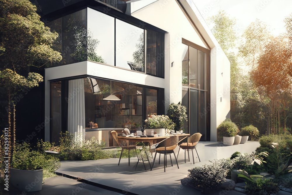 Obraz premium Luxurious modern house with outside dining space. Porch with dining table. Sunny day, trees and green lawn. Generative AI