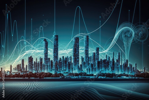 Smart city with big data connection technology concept. Wavy lines representing communications. Nighttime. Generative AI