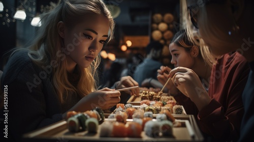 Young people eating sushi in a Japanese restaurant - made with Generative AI tools