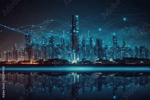 Smart city with big data connection technology concept. Wavy lines representing communications. Nighttime. Generative AI