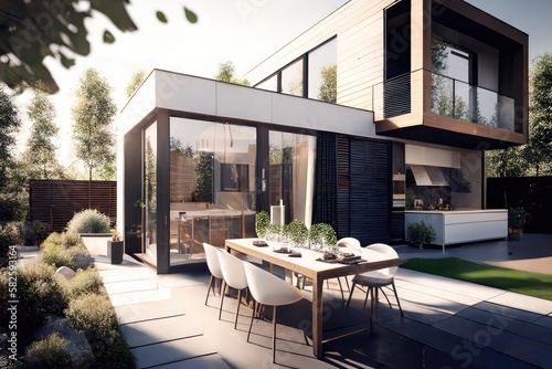 Luxurious modern house with outside dining space. Porch with dining table. Sunny day  trees and green lawn. Generative AI