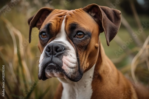 A purebred brown and white Boxer dog portrait. Generative AI