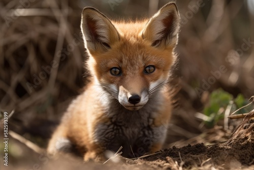 Red fox cub in the wild on a warm spring day. Generative AI © AkuAku