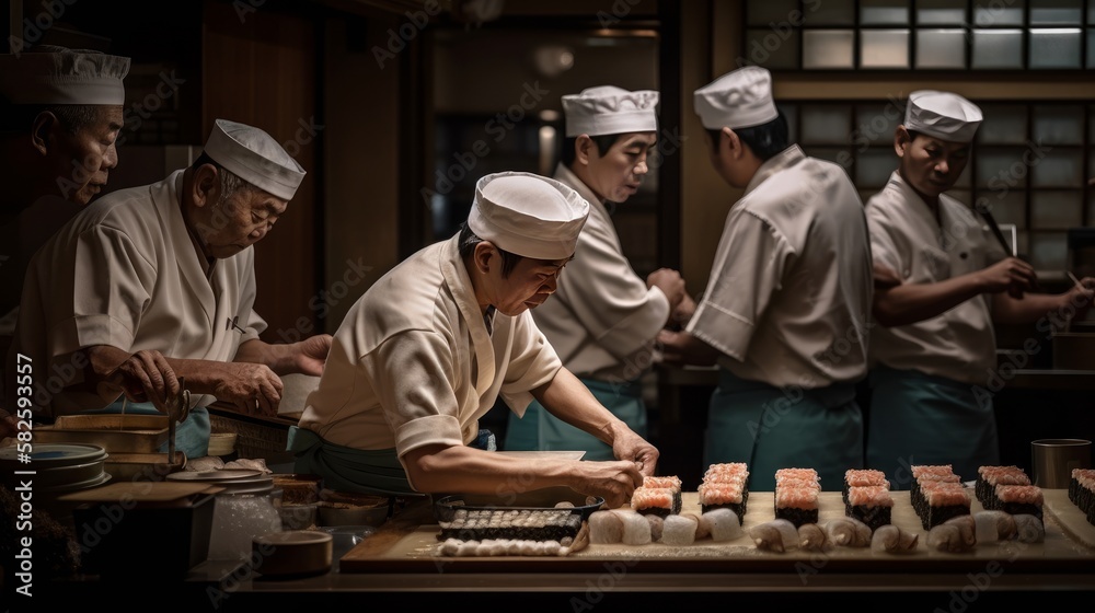 Sushi lovers - people in a Japanese restaurant eating Sushi - made with