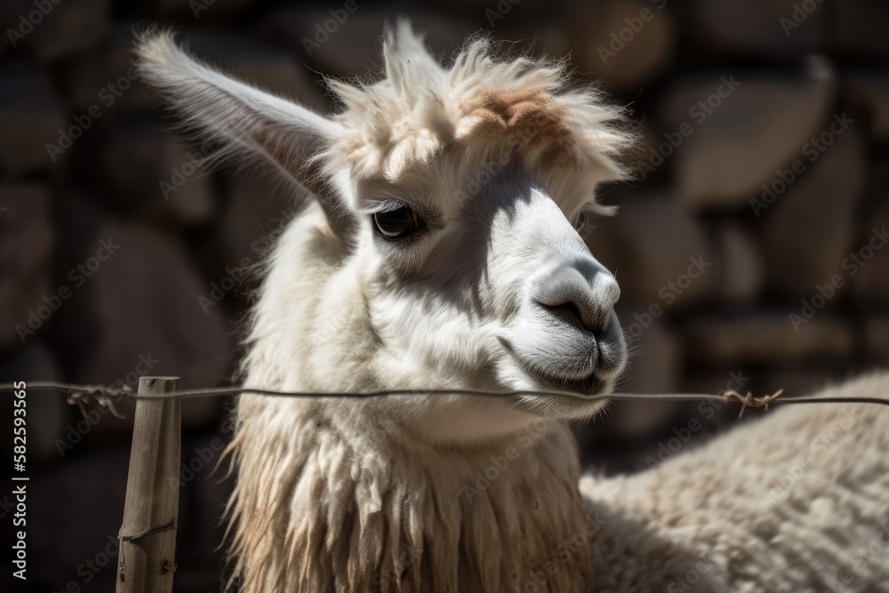 Over the zoo's fence, the lama observes the guests. living in confinement. Generative AI