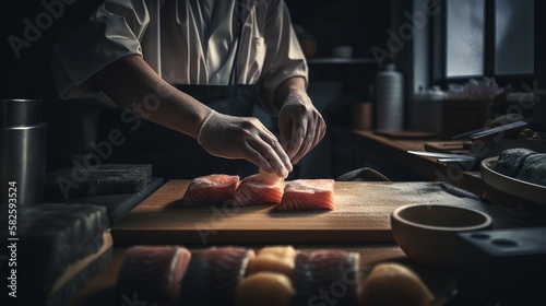 Asian cook preparing sushi in an Japanese restaurant - made with Generative AI tools