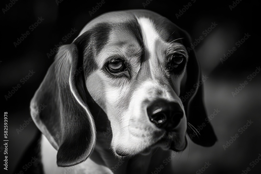 Portrait of a black and white Beagle dog. Generative AI