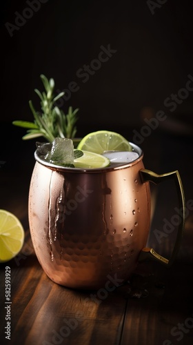 Moscow Mule Cocktail with Lime. Cocktail with ice, in a copper mug on a black background. Generative AI.