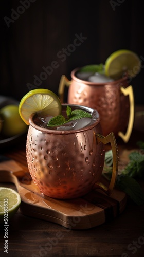 Moscow Mule Cocktail with Lime. Cocktail with ice, in a copper mug on a black background. Generative AI.