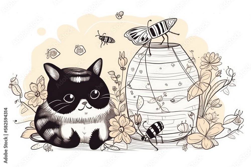 drawing a cute cat and a beehive. Front view of the camera shows a gloomy scene. For greetings, wallpaper, backgrounds, textures, DIY, wrappers, cards, logos, etc., use a hand drawing on a white backg