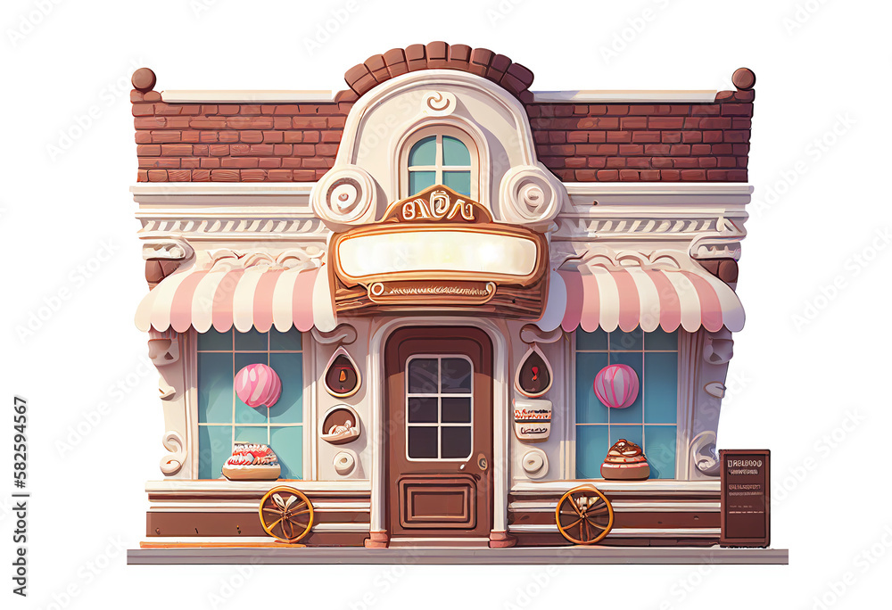 3D Bakery shop building facade with Baking store, cafe, bread, pastry and dessert shop front view Market or supermarket. isolated on white transparent background, ai generate - obrazy, fototapety, plakaty 