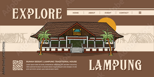 Landing Page for Tourism website with nuwo sessat lampung traditional house hand drawn illustration