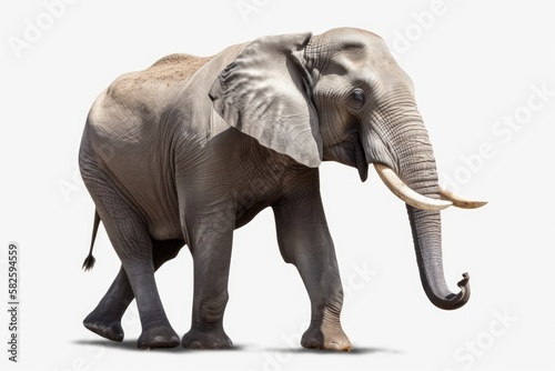 On a white background  an elephant is isolated. Mammoths are large creatures.  Path clipping . Generative AI