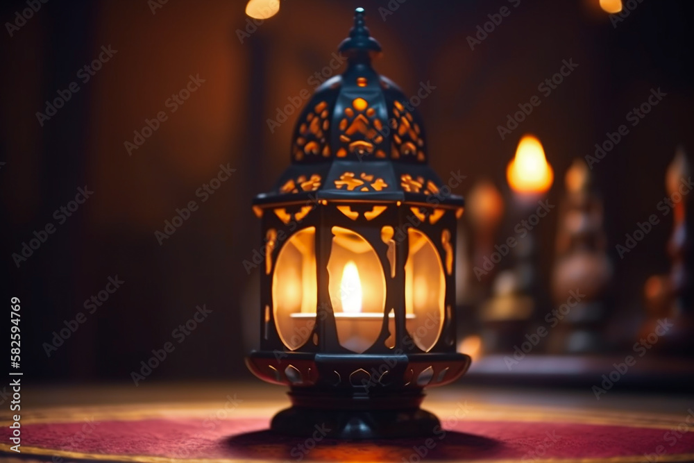A lantern on a table Islamic background Ramadhan background, generative AI A lantern on a table Islamic background Ramadhan background, generative AI
