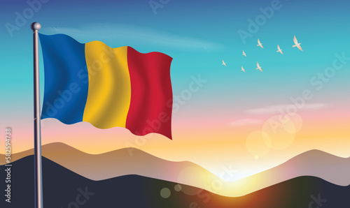 Romania flag with mountains and morning sun in background
