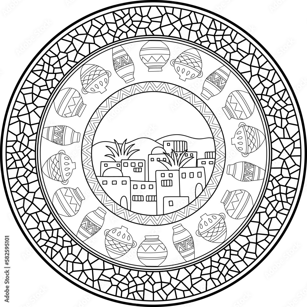 Coloring page of ancient middle east city. Mosaic frame mandala, decorative element