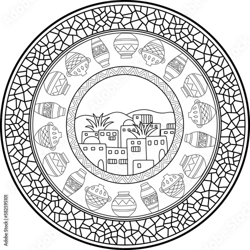 Coloring page of ancient middle east city. Mosaic frame mandala, decorative element