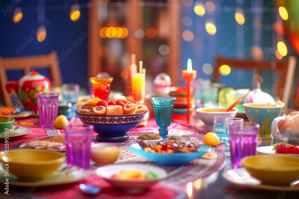 A table full of colorful dishes with a colorful table setting for a party. made with generative AI