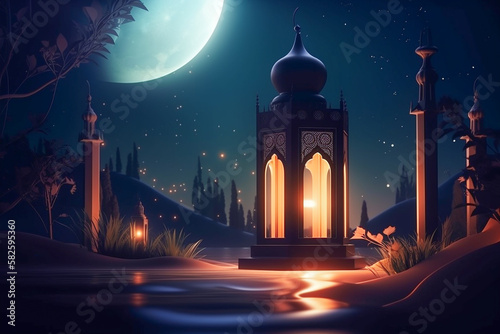 A glowing lantern in the moth of Ramadhan Islamic background Ramadhan background made with generative AI