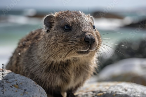 A fluffy dassie is shown up close on the seashore in the South African town of Hermanus. Generative AI