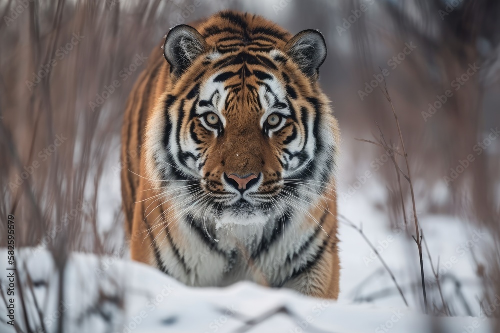 Tiger follows the prey. In the dead of winter, hunt for prey in Tajga. Tiger in the raw winter landscape. Animal in peril in an action scene. Snowflake and a stunning Siberian tiger in Tajga, Russia